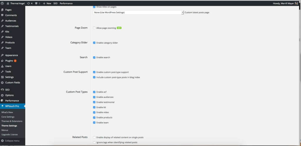 wp touch pro custom posts dashboard selection